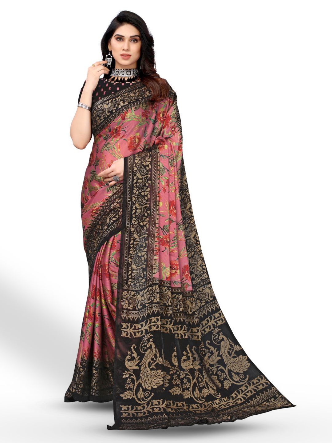 

FABMORA Floral Printed Poly Chiffon Saree, Pink
