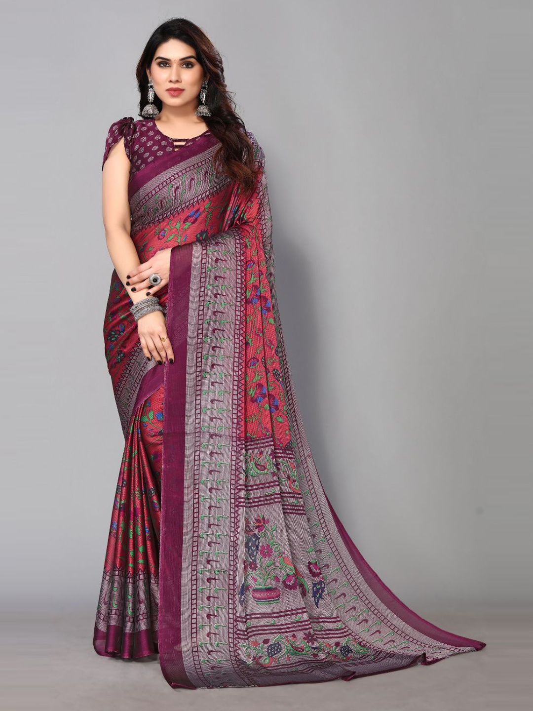 

FABMORA Floral Printed Poly Chiffon Saree, Red