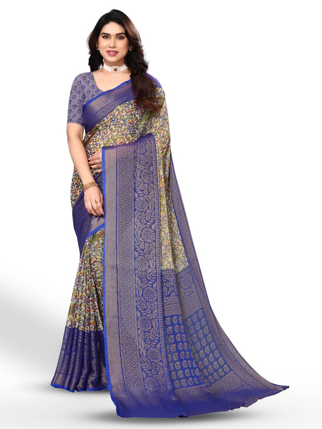 

FABMORA Ethnic Motifs Printed Zari Pure Chiffon Saree, Blue