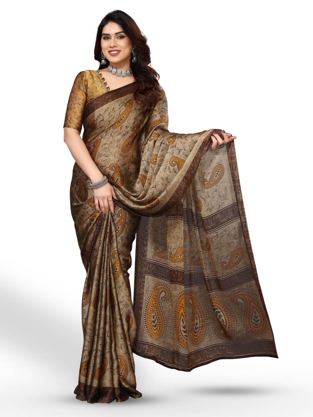 

FABMORA Ethnic Motifs Printed Poly Chiffon Saree, Rust