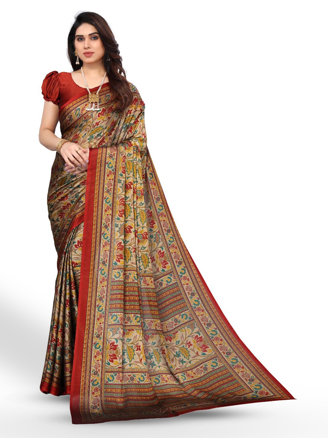 

FABMORA Floral Printed Poly Chiffon Saree, Beige