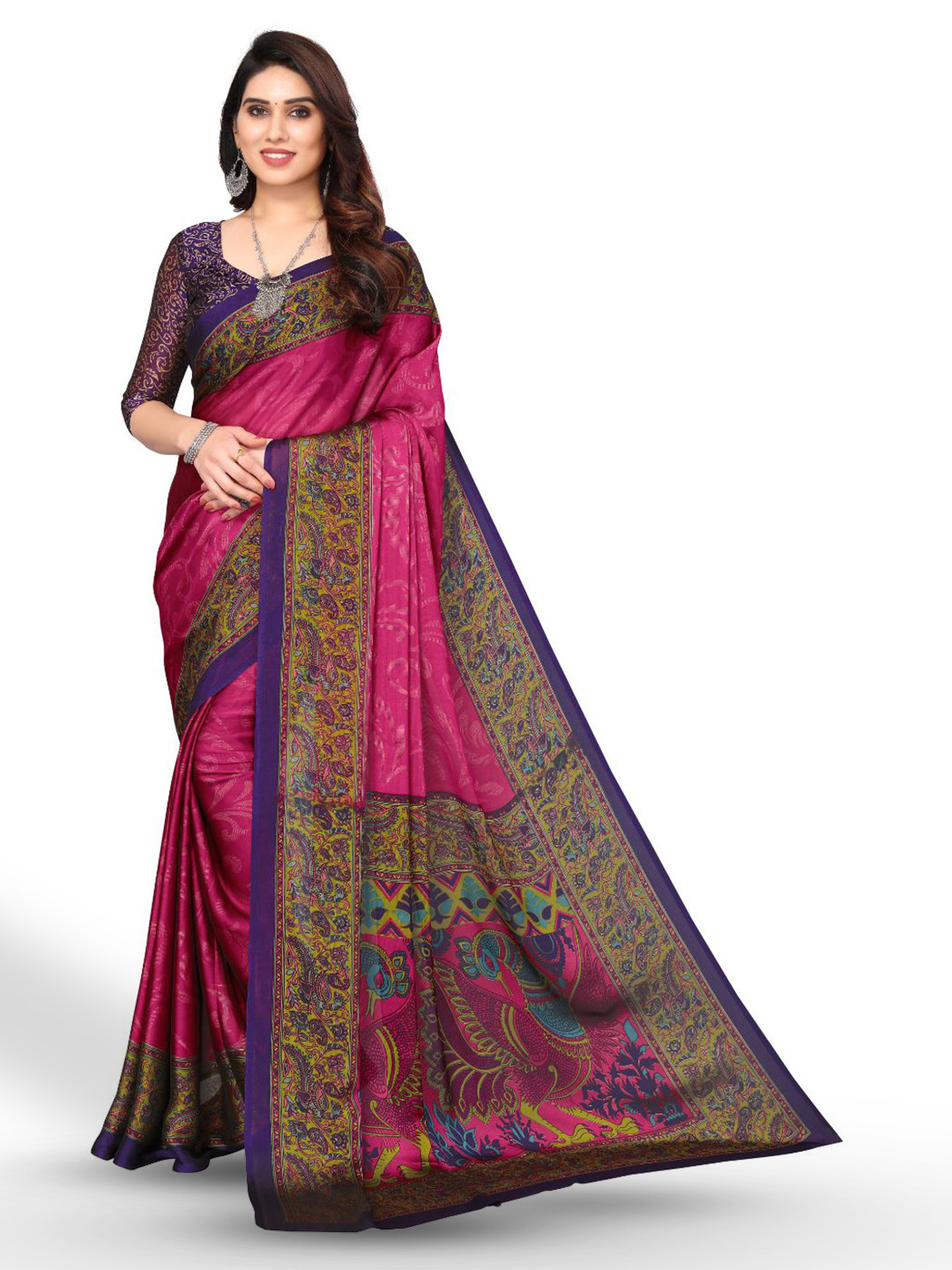 

FABMORA Floral Printed Poly Chiffon Saree, Purple