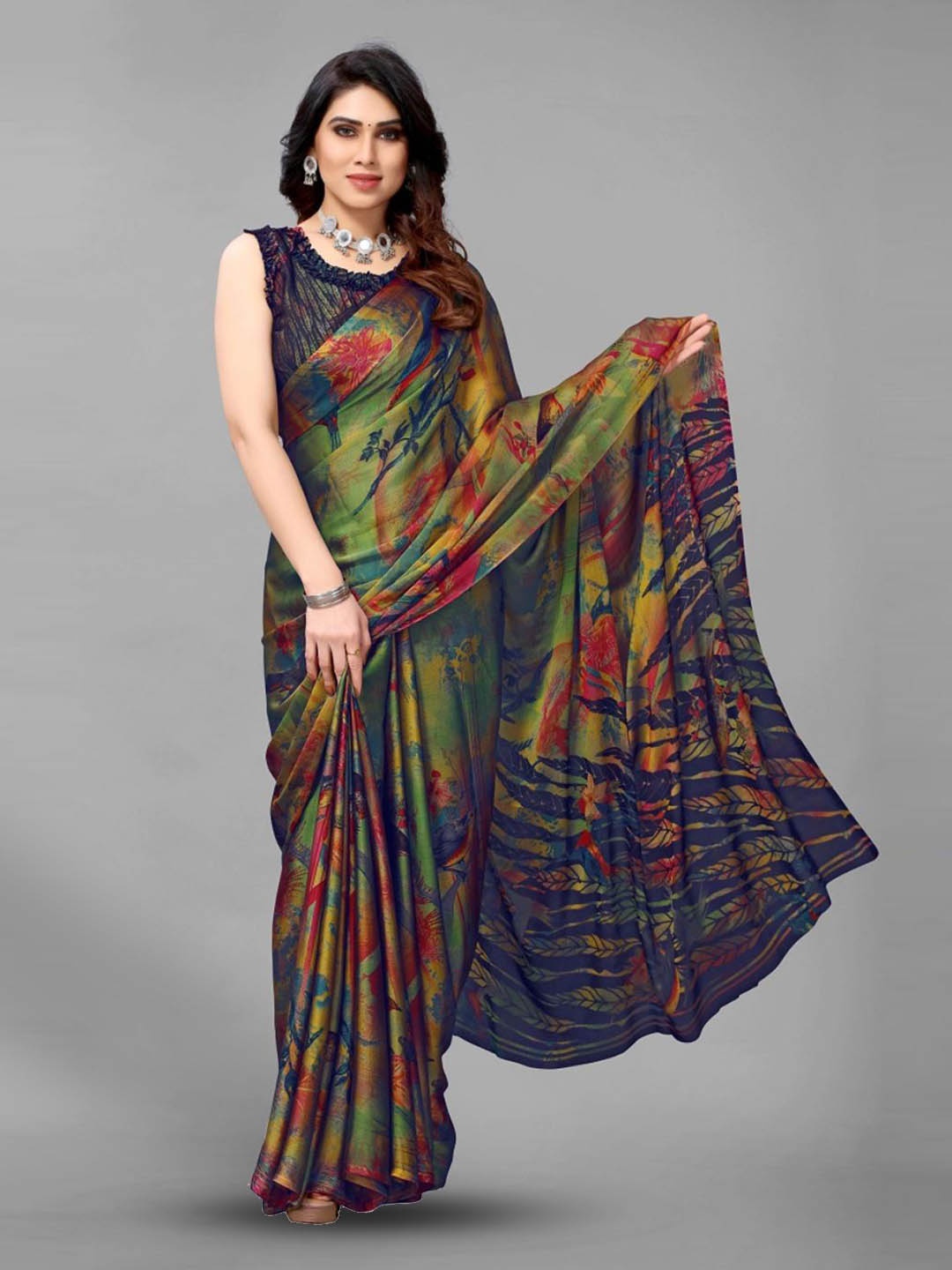 

FABMORA Ethnic Motif Printed Poly Chiffon Saree, Green