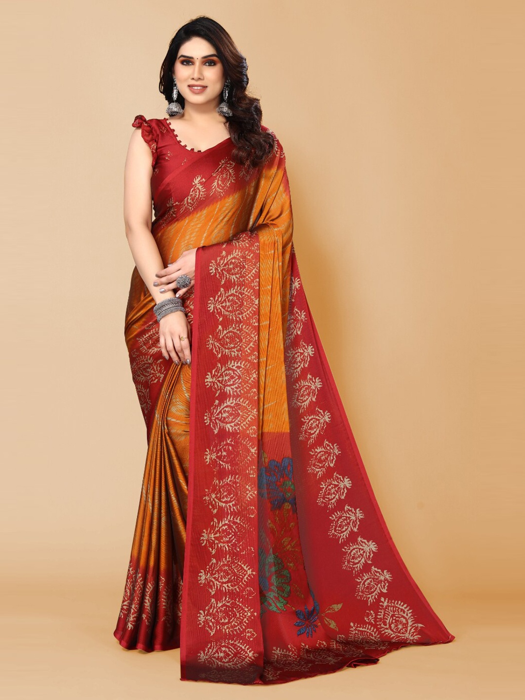 

FABMORA Ethnic Motifs Printed Poly Chiffon Saree, Mustard