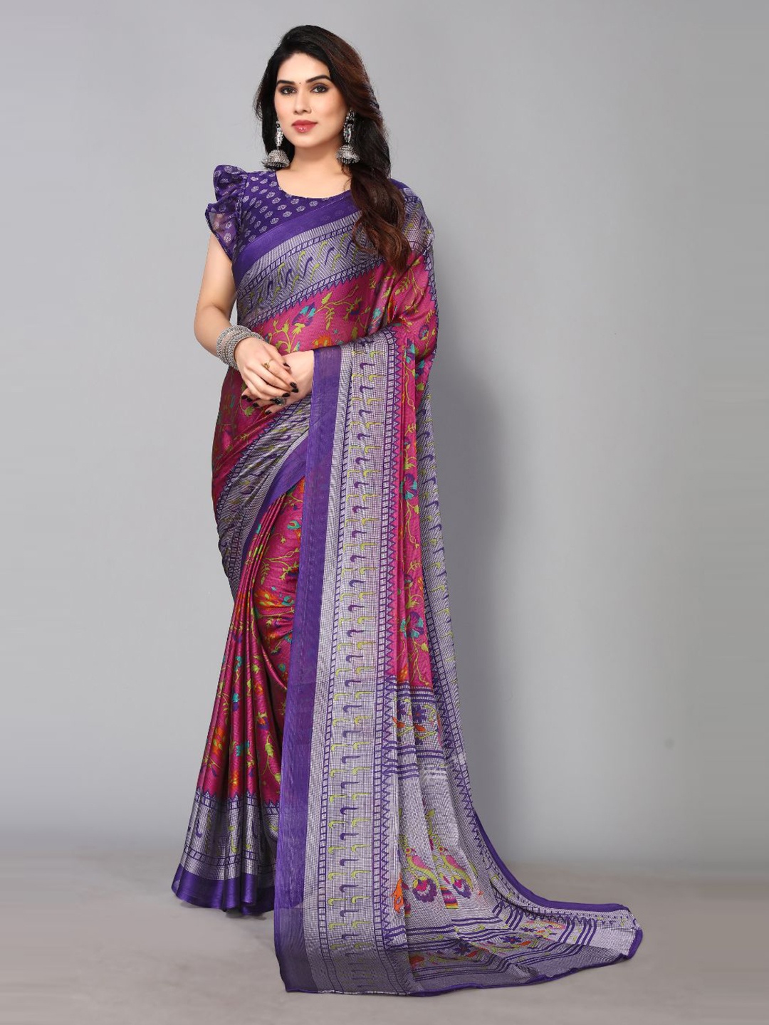 

FABMORA Floral Printed Poly Chiffon Saree, Pink