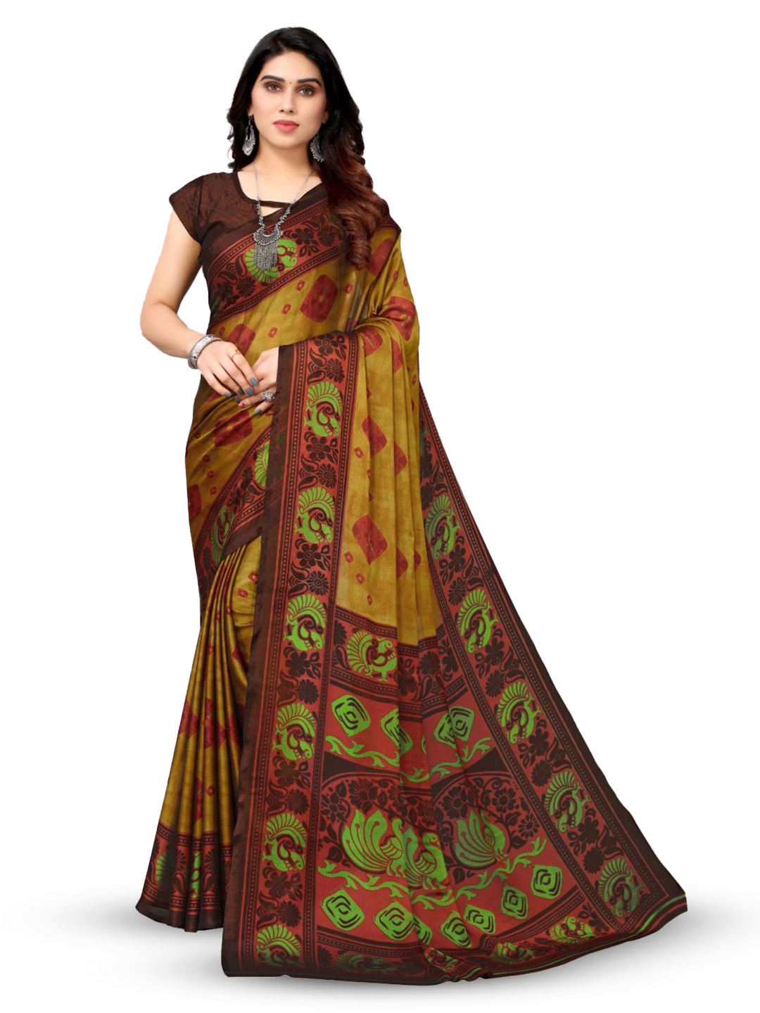 

FABMORA Bandhani Printed Poly Chiffon Saree, Mustard