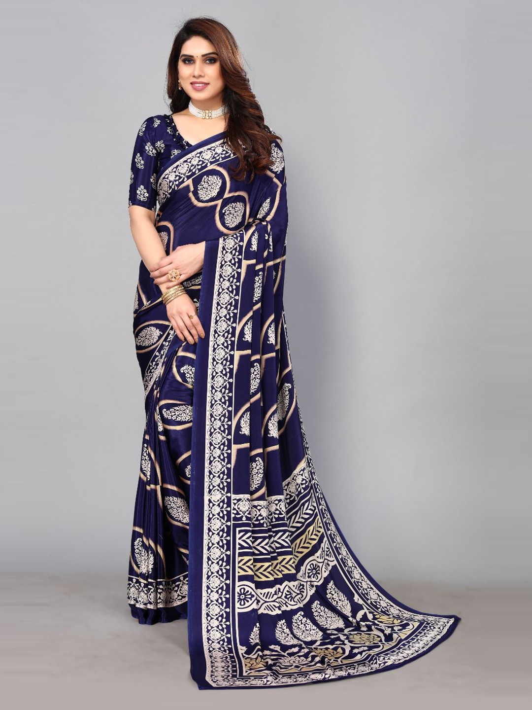 

FABMORA Ethnic Motifs Printed Pure Crepe Saree, Blue