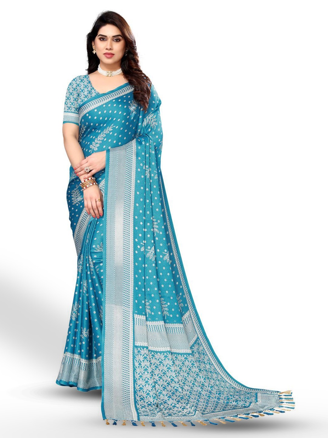 

FABMORA Floral Printed Pure Chiffon Saree, Blue