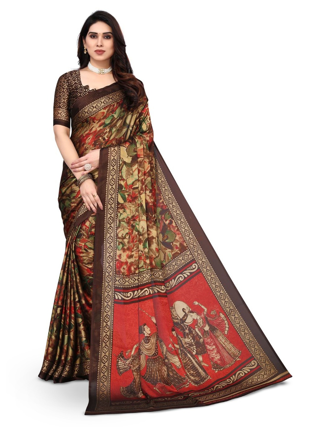 

FABMORA Ethnic Motif Printed Poly Chiffon Saree, Coffee brown