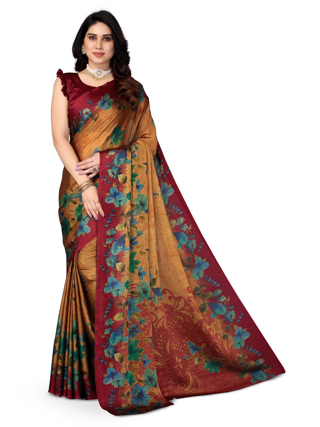 

FABMORA Floral Printed Poly Chiffon Saree, Maroon