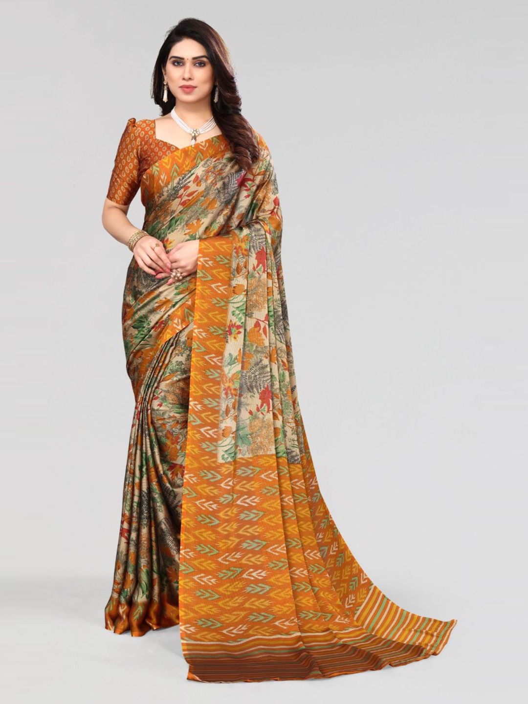 

FABMORA Floral Printed Poly Chiffon Saree, Mustard
