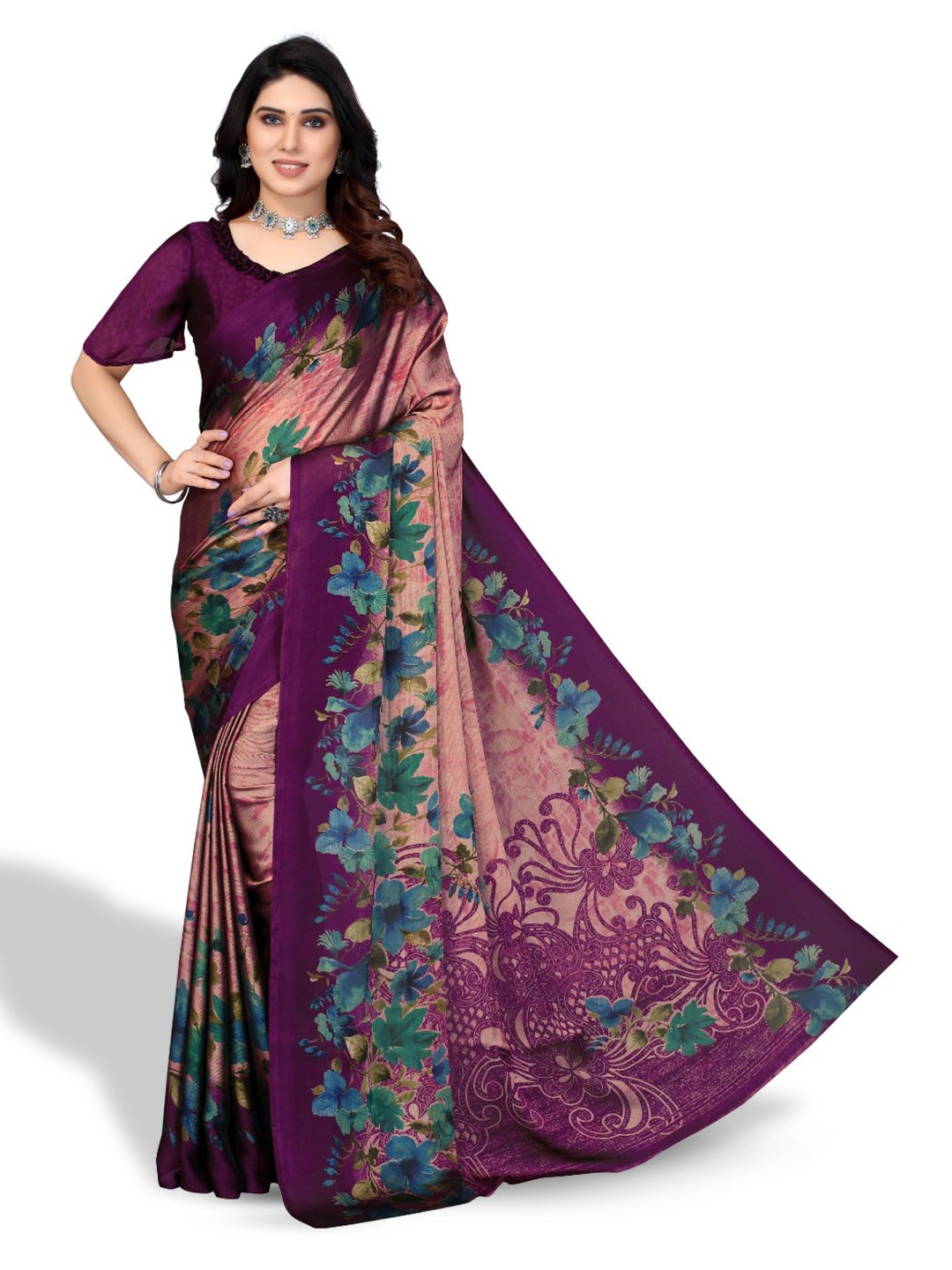 

FABMORA Floral Printed Poly Chiffon Saree, Purple