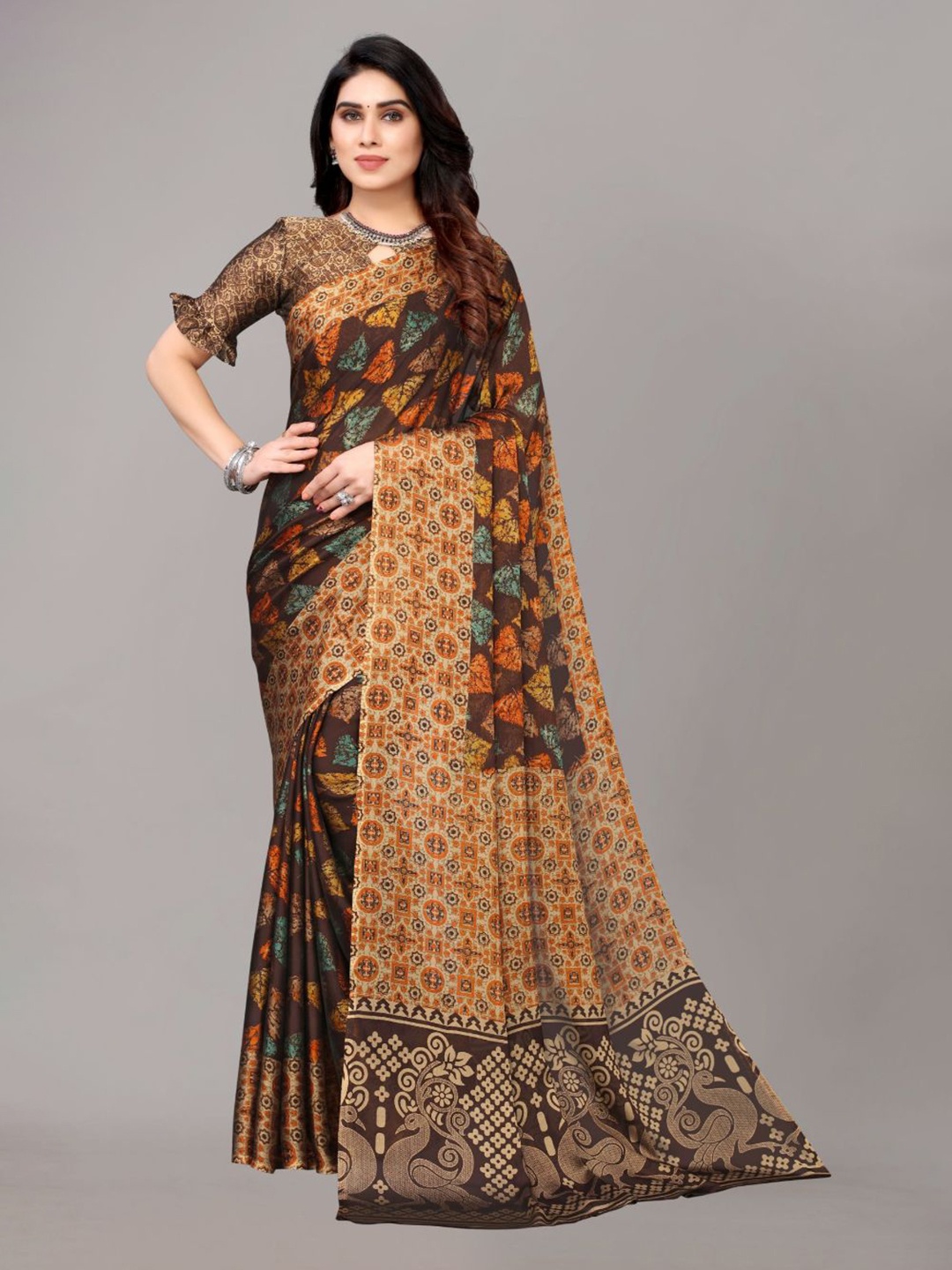 

FABMORA Floral Printed Poly Chiffon Saree, Coffee brown
