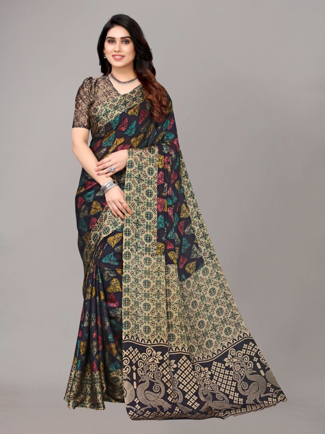 

FABMORA Ethnic Motif Printed Poly Chiffon Saree, Navy blue