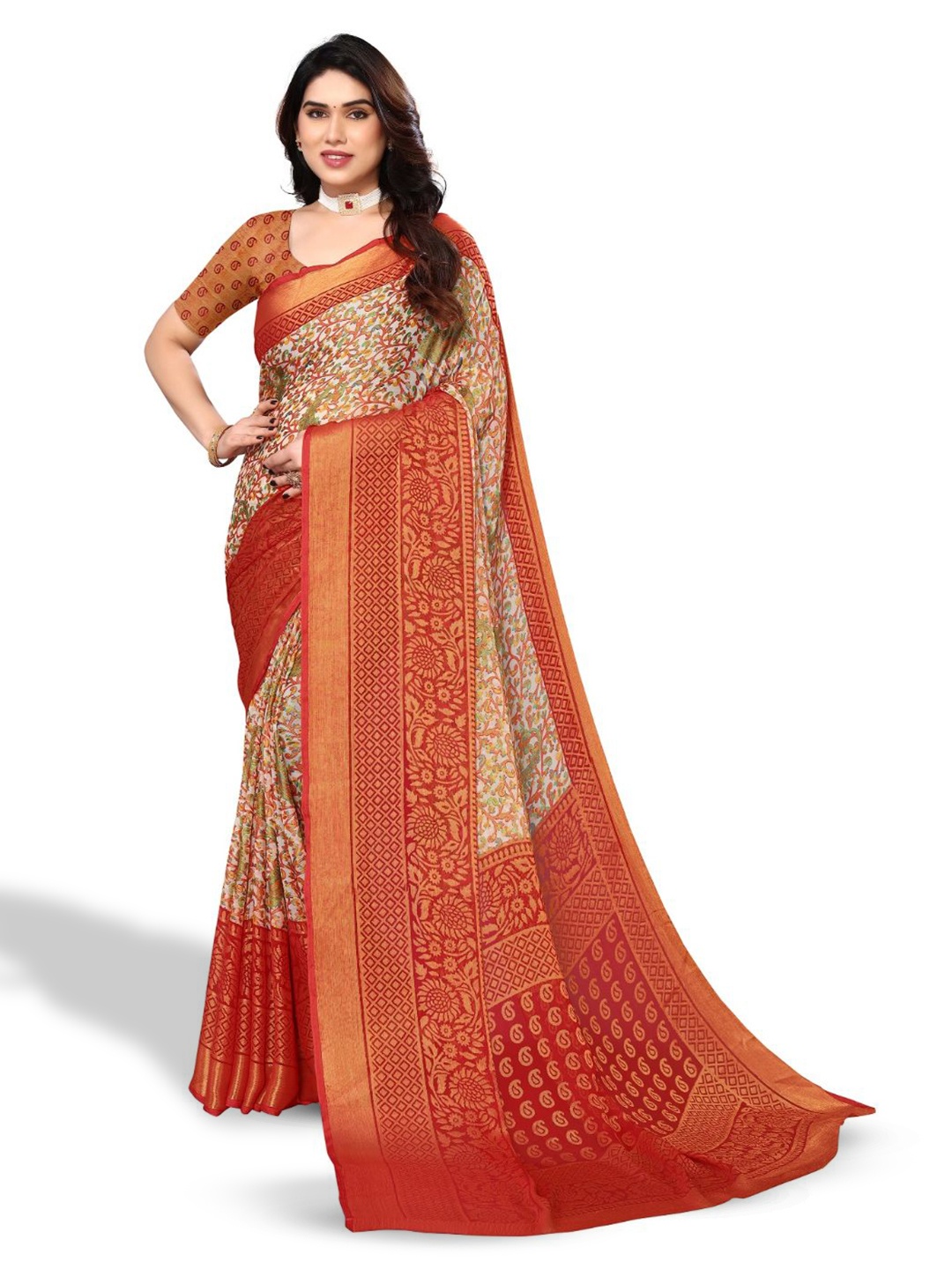 

FABMORA Floral Printed Pure Chiffon Saree, Red