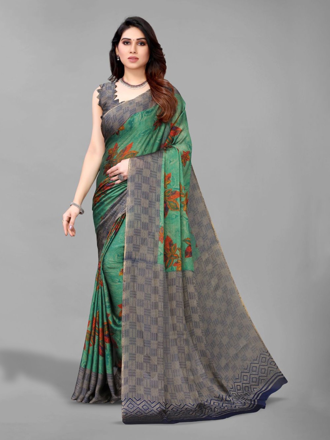 

FABMORA Floral Printed Poly Chiffon Saree, Green