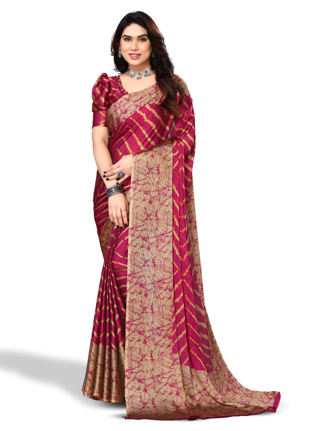 

FABMORA Geometric Printed Poly Chiffon Saree, Red