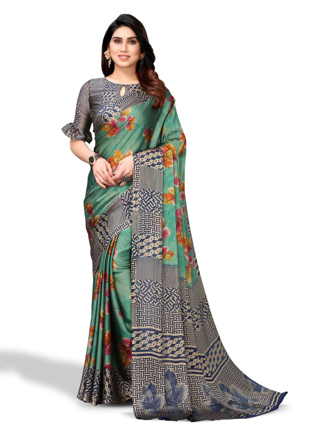 

FABMORA Floral Poly Chiffon Saree, Green