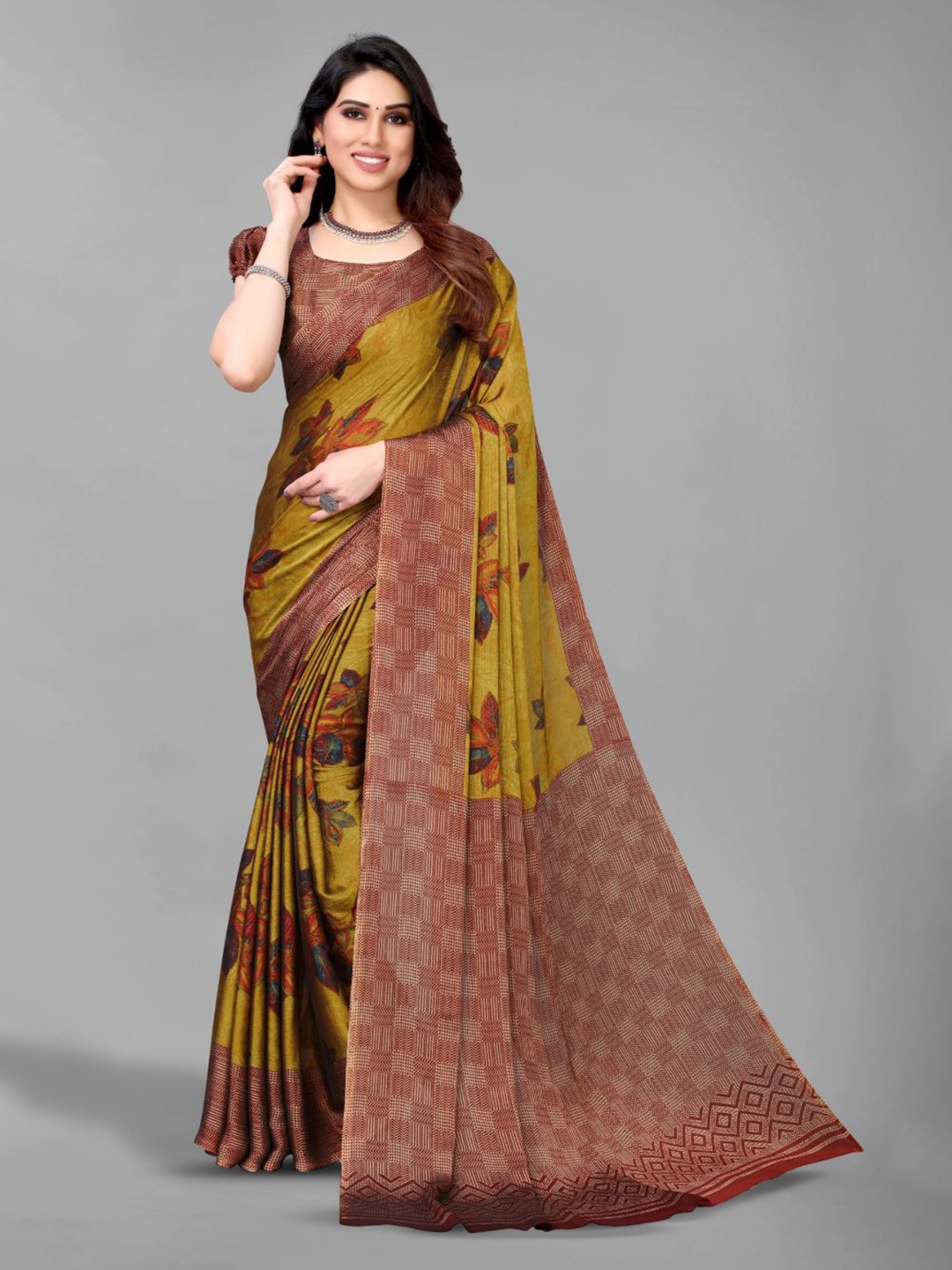 

FABMORA Floral Poly Chiffon Saree, Mustard