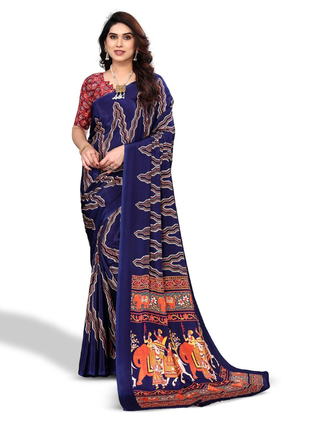 

FABMORA Ethnic Motifs Printed Pure Crepe Saree, Blue