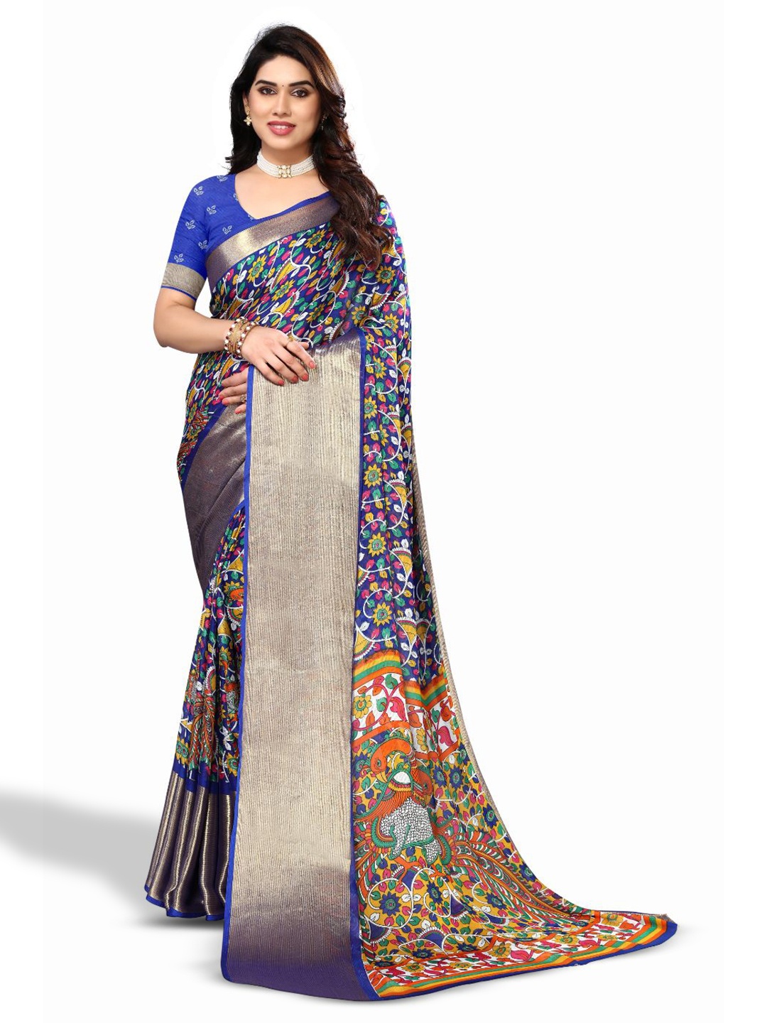 

FABMORA Ethnic Motifs Printed Kalamkari Zari Pure Chiffon Saree, Navy blue