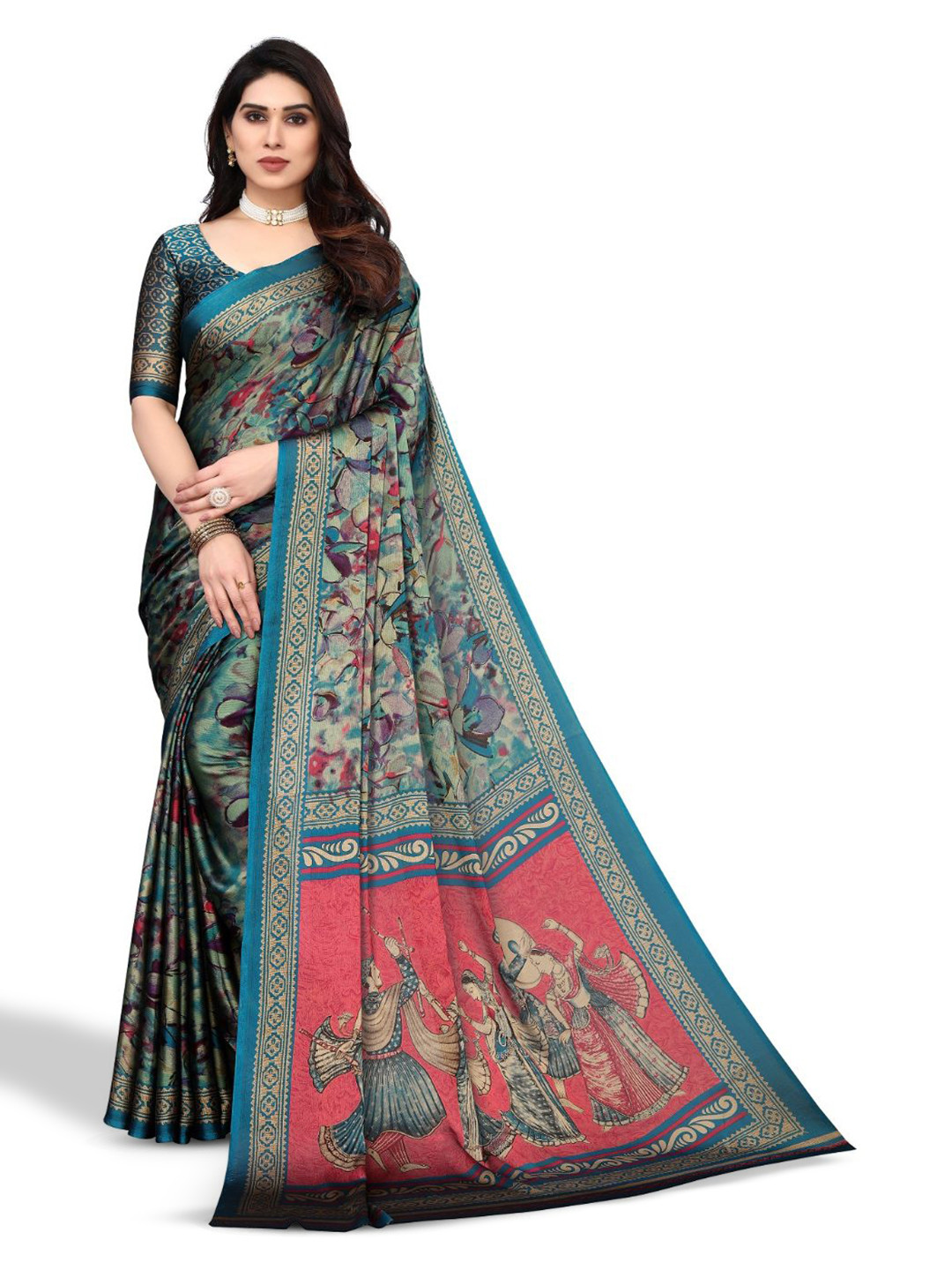

FABMORA Ethnic Motifs Printed Poly Chiffon Saree, Blue