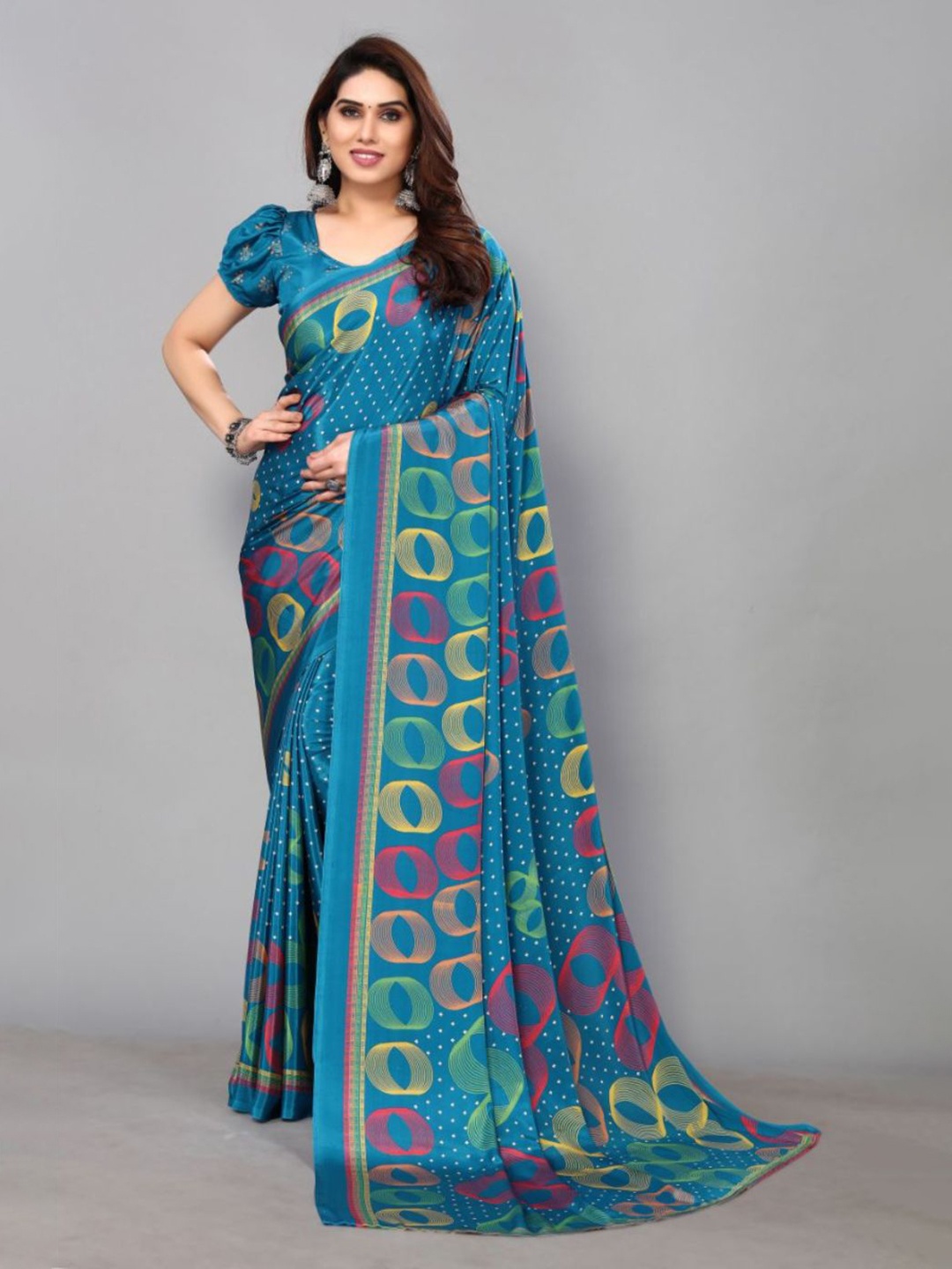 

FABMORA Geometric Printed Pure Crepe Saree, Blue