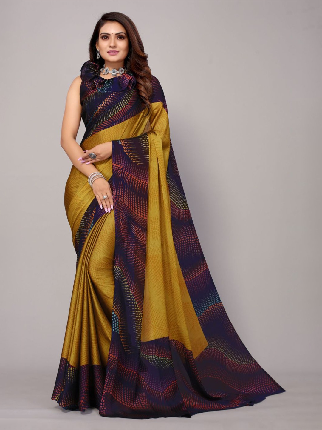 

FABMORA Geometric Printed Poly Chiffon Saree, Mustard