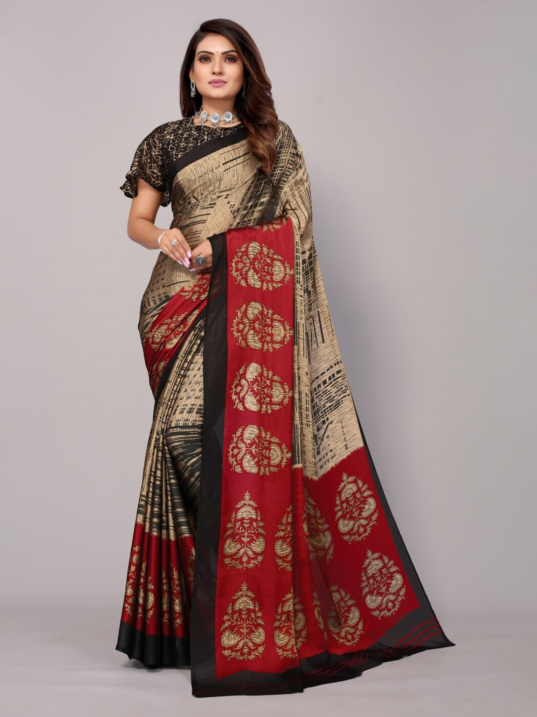 

FABMORA Abstract Printed Saree, Beige