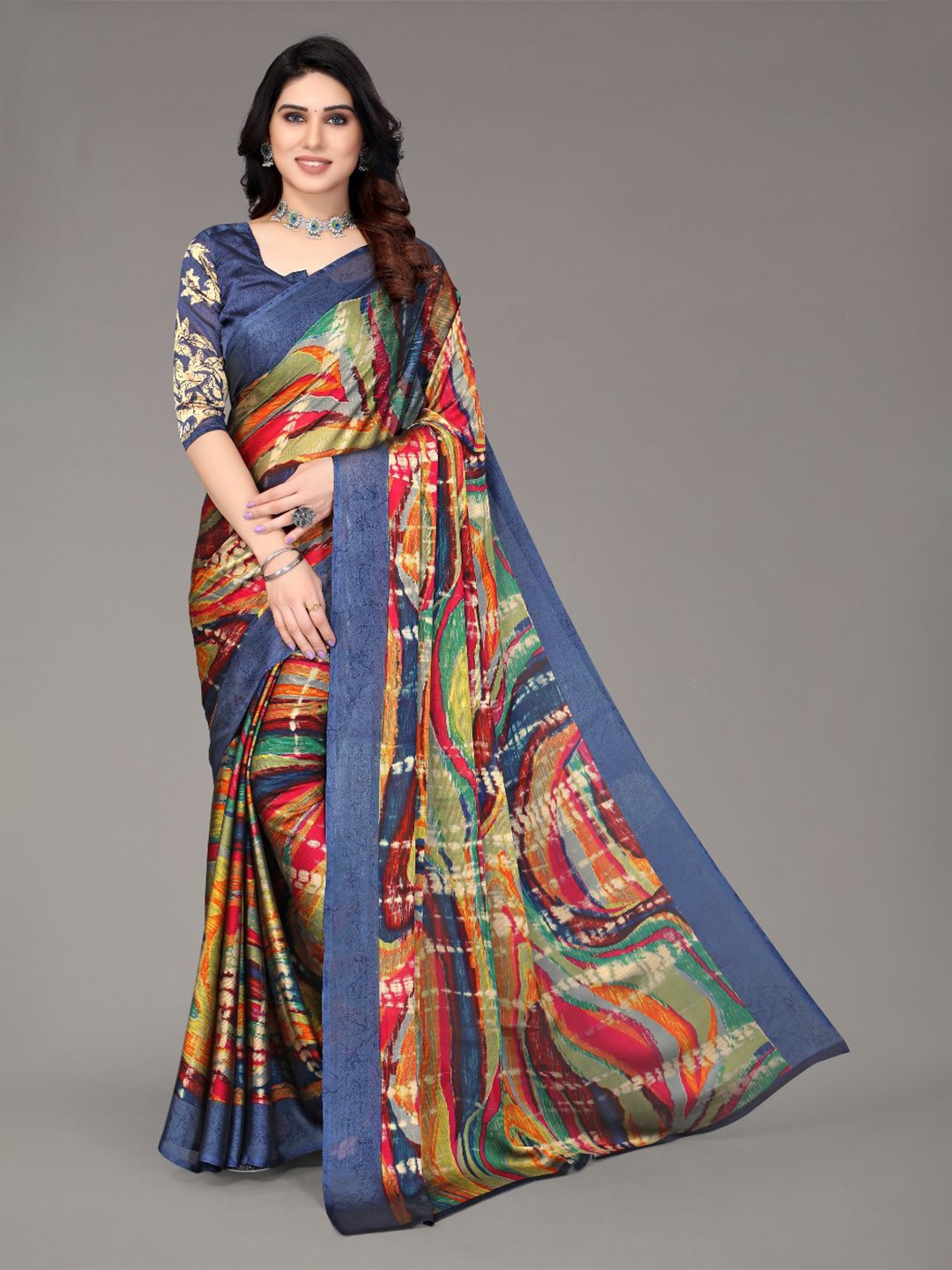 

FABMORA Abstract Printed Poly Chiffon Saree, Navy blue