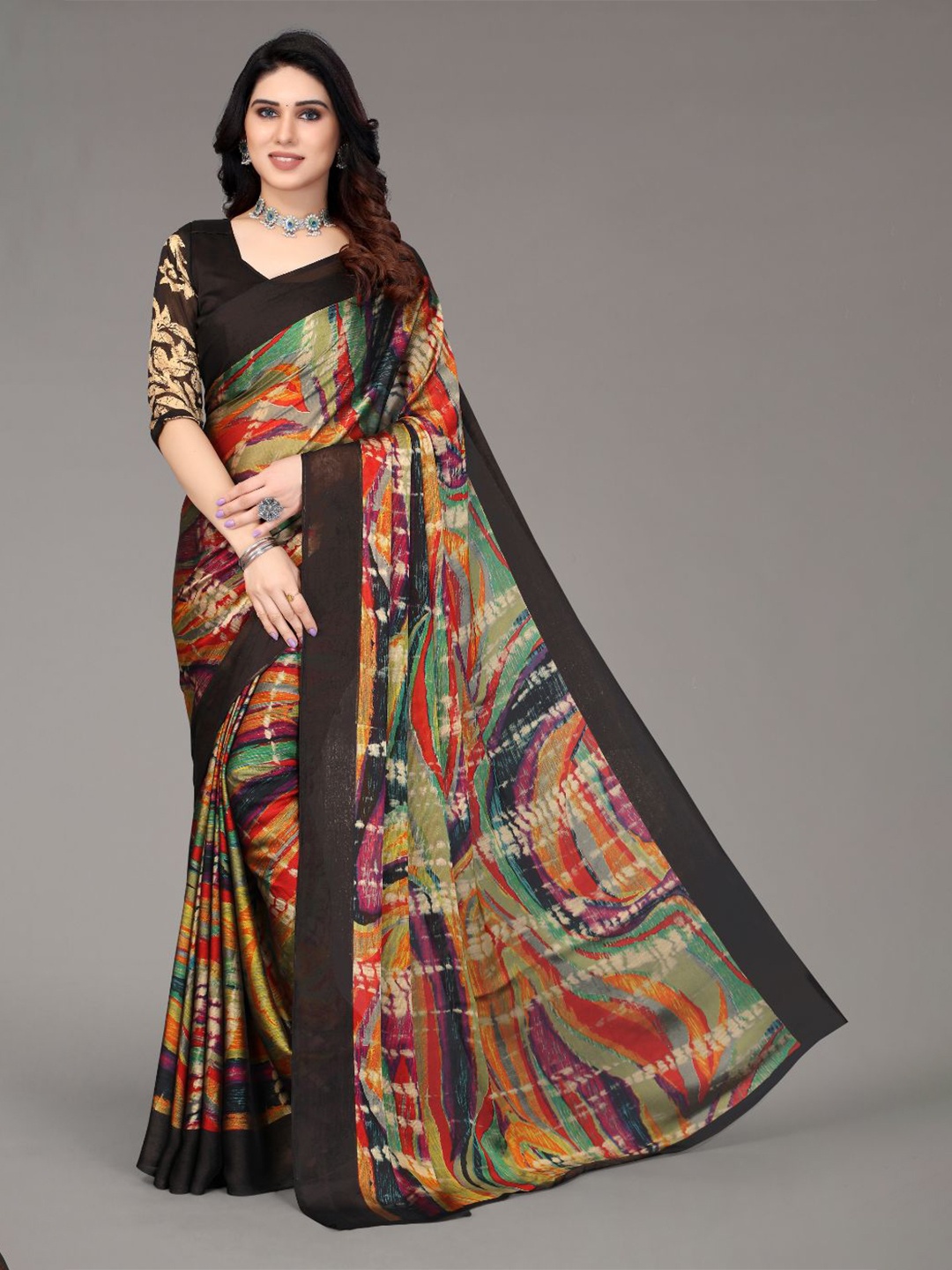 

FABMORA Tie and Dye Poly Chiffon Saree, Black