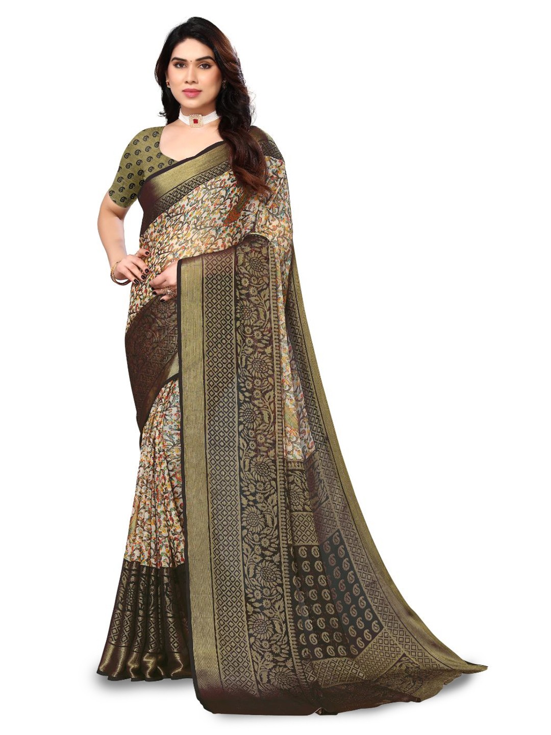 

FABMORA Ethnic Motifs Printed Pure Chiffon Saree, Black