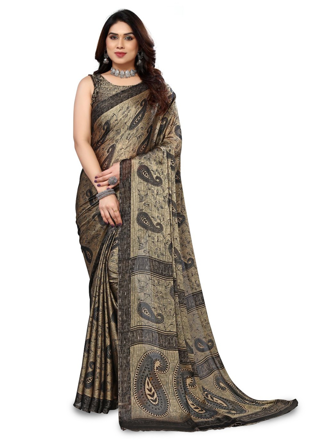 

FABMORA Ethnic Motifs Printed Poly Chiffon Saree, Black