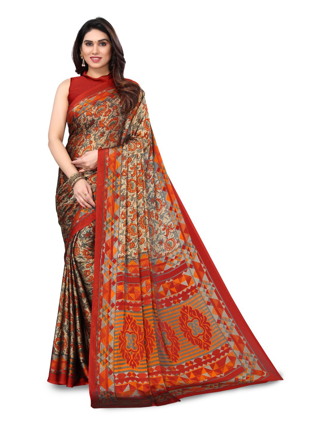 

FABMORA Floral Printed Poly Chiffon Saree, Red