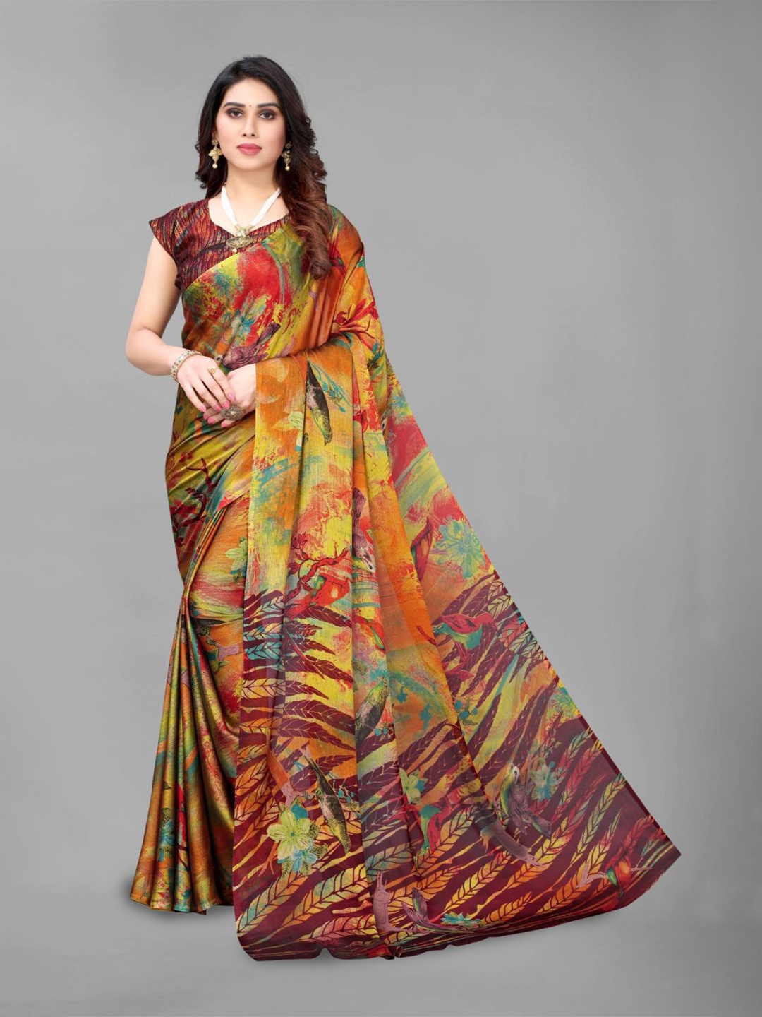 

FABMORA Abstract Printed Poly Chiffon Saree, Mustard