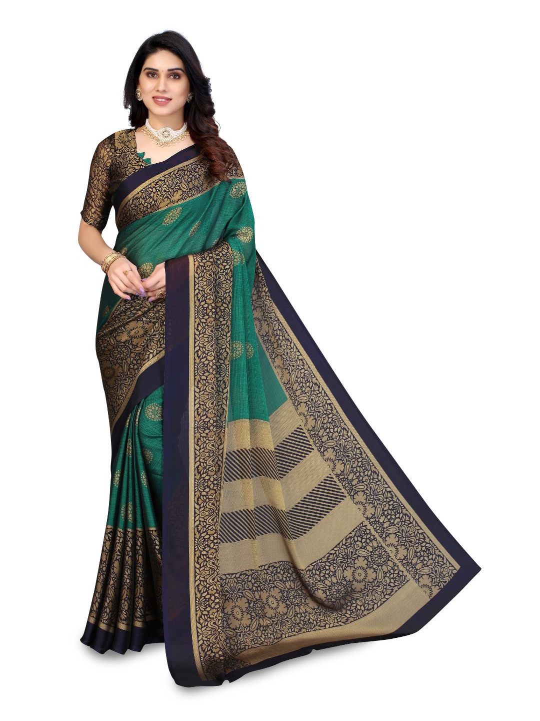 

FABMORA Floral Printed Poly Chiffon Saree, Teal