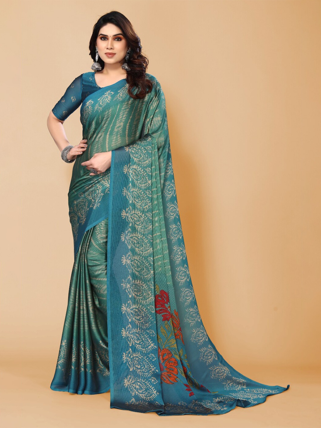 

FABMORA Abstract Printed Poly Chiffon Saree, Blue
