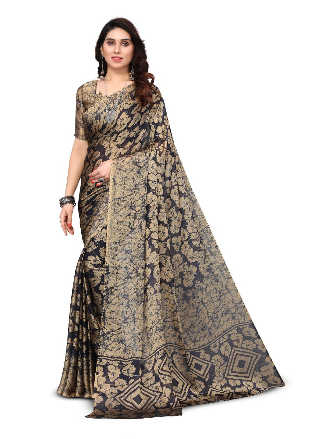 

FABMORA Floral Printed Poly Chiffon Saree, Black