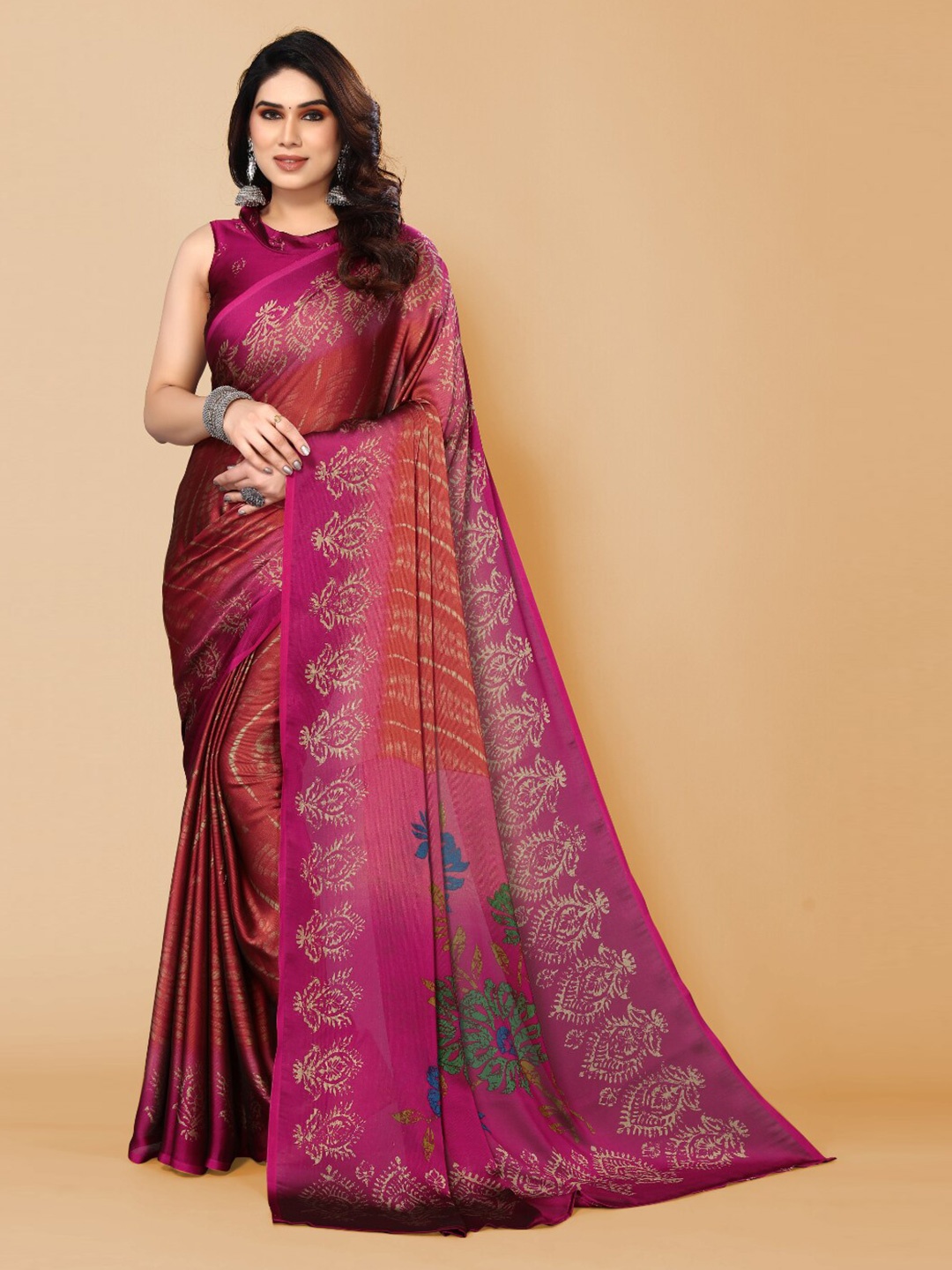 

FABMORA Abstract Printed Poly Chiffon Saree, Red