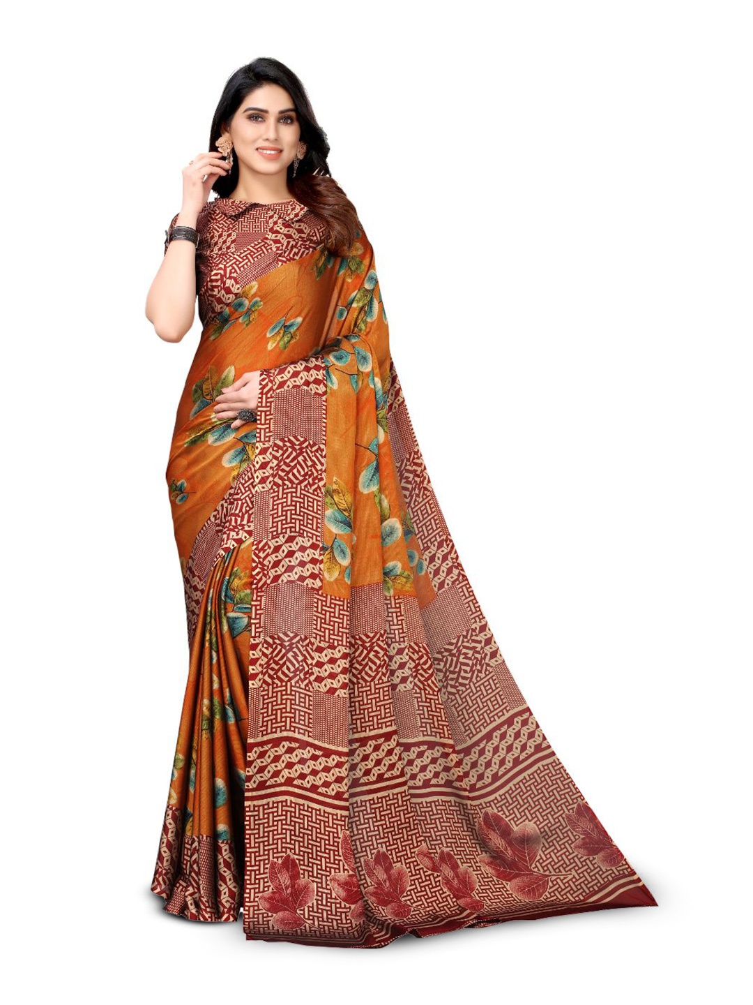 

FABMORA Floral Printed Poly Chiffon Saree, Orange