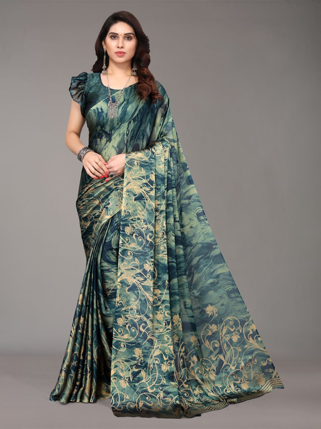 

FABMORA Abstract Printed Poly Chiffon Saree, Blue