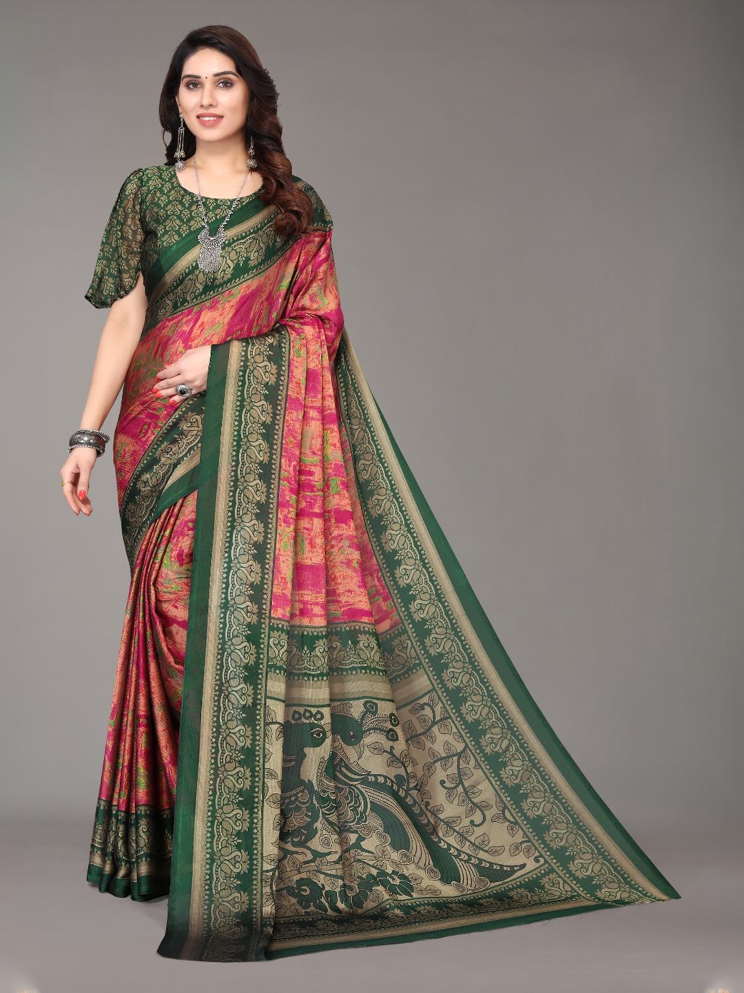 

FABMORA Abstract Printed Poly Chiffon Saree, Green