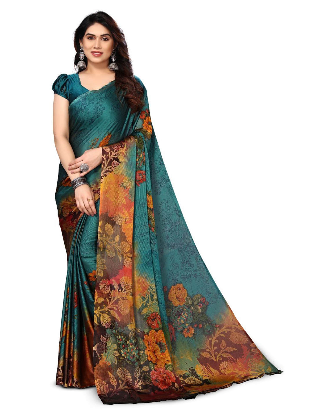 

FABMORA Floral Printed Poly Chiffon Saree, Blue