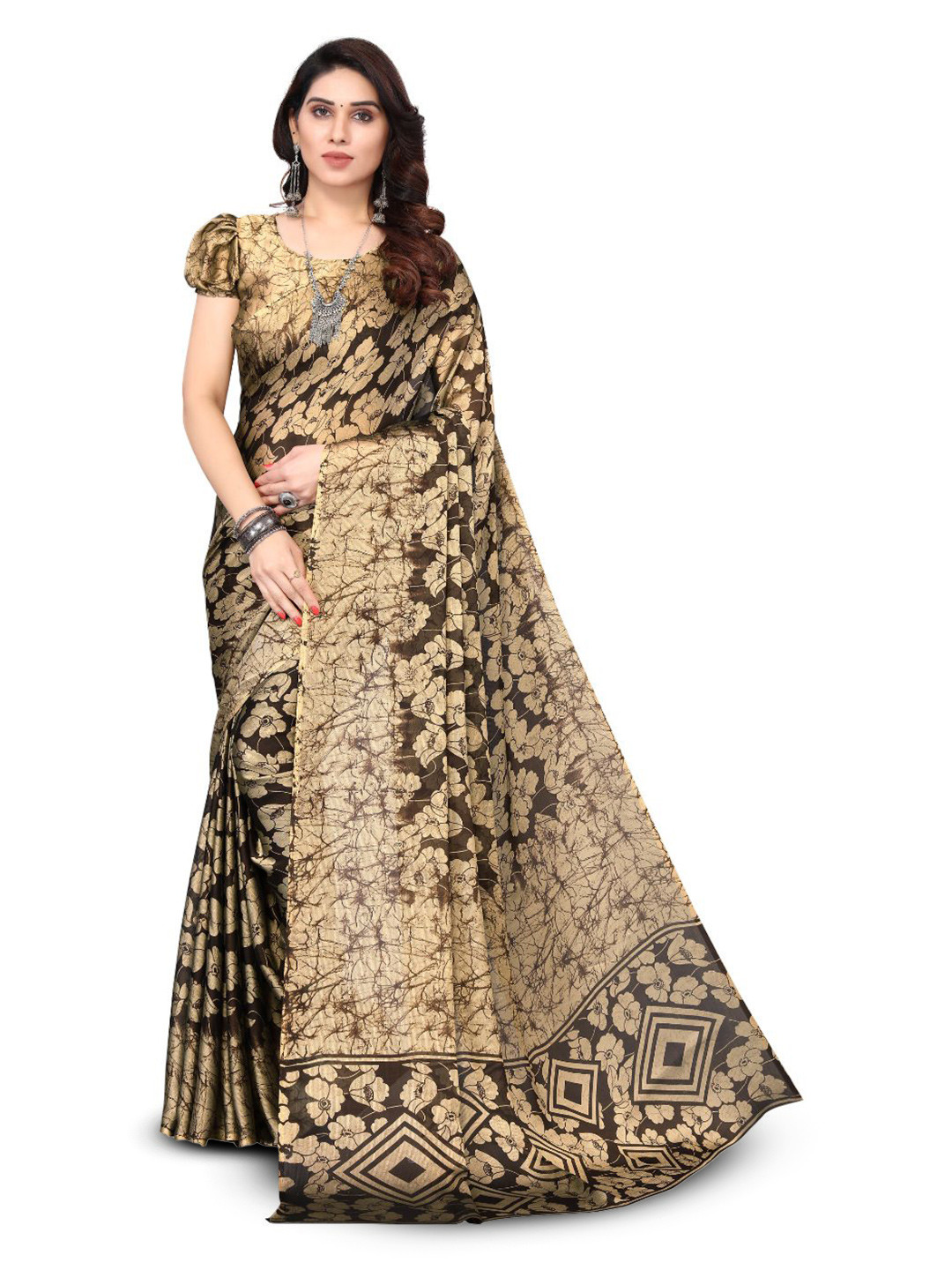 

FABMORA Floral Printed Poly Chiffon Saree, Coffee brown