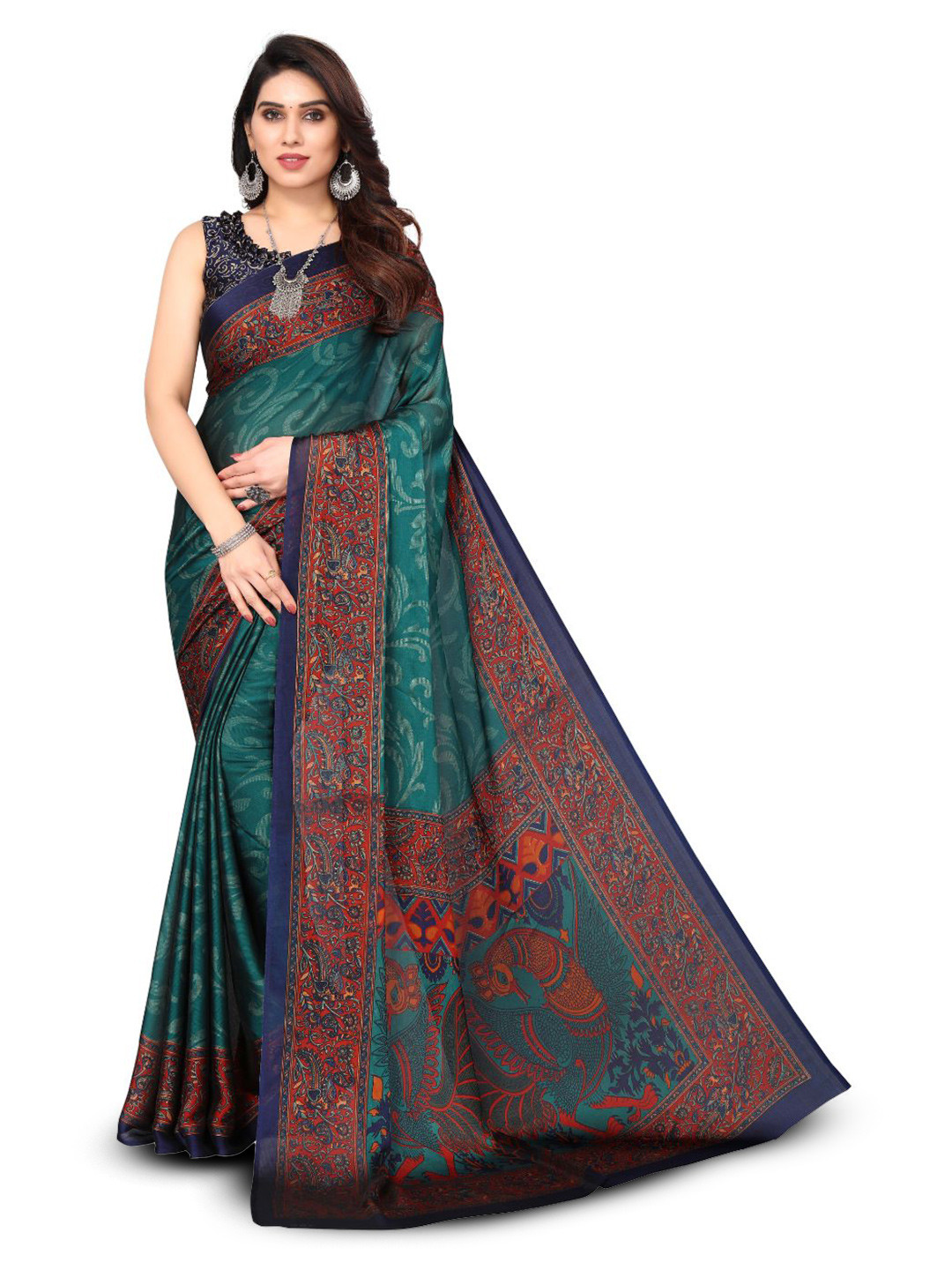 

FABMORA Floral Printed Poly Chiffon Saree, Turquoise blue