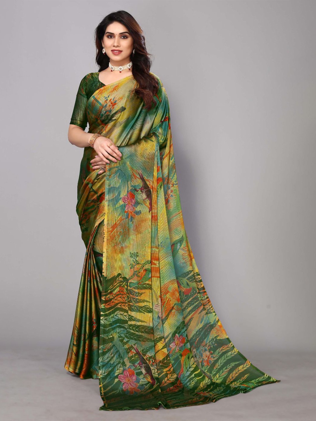 

FABMORA Floral Printed Poly Chiffon Saree, Green