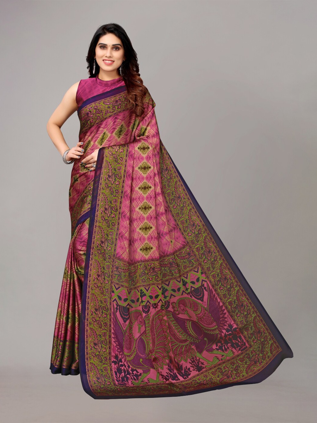 

FABMORA Geometric Printed Poly Chiffon Saree, Pink