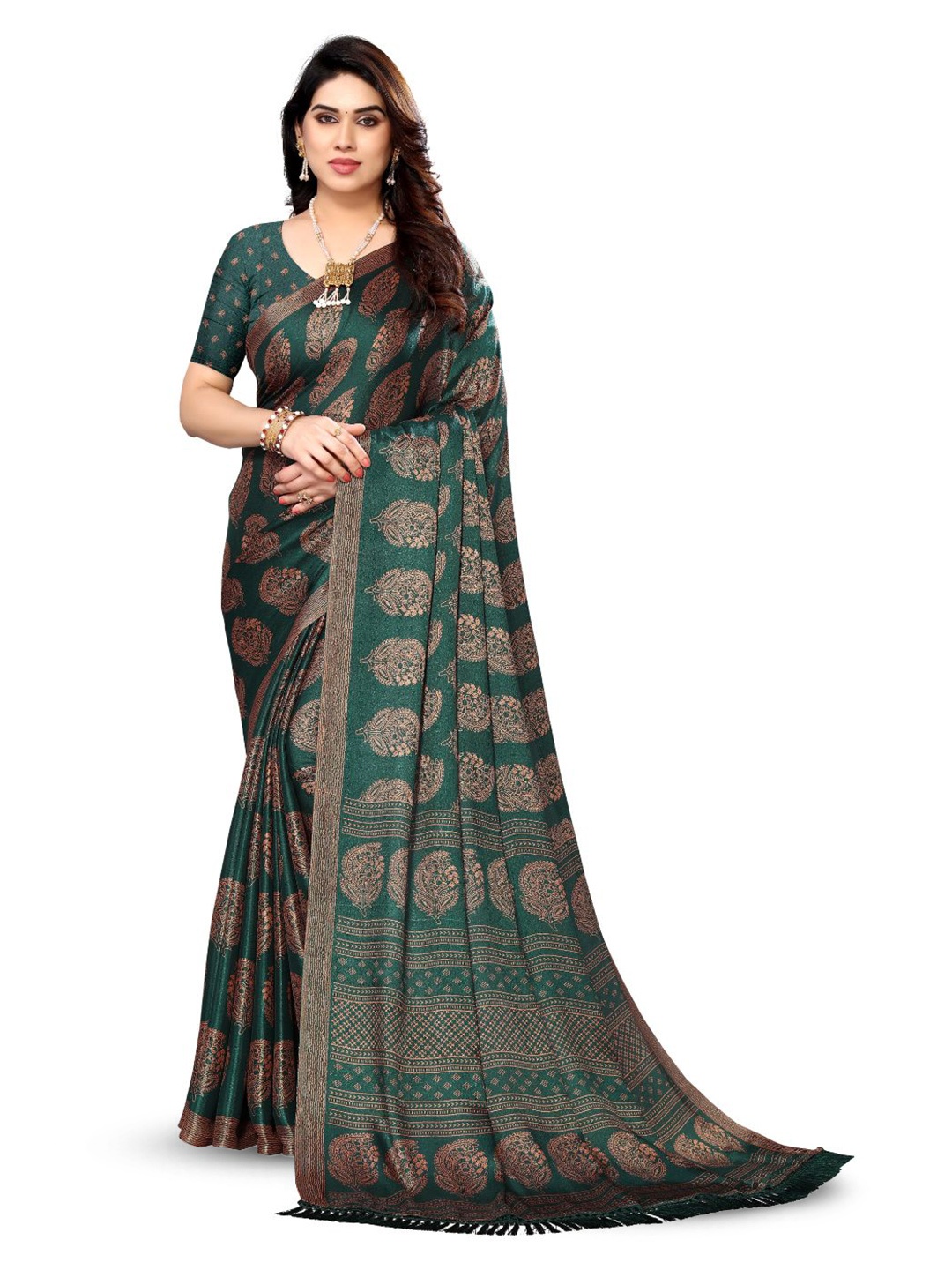 

FABMORA Ethnic Motifs Printed Pure Chiffon Saree, Green