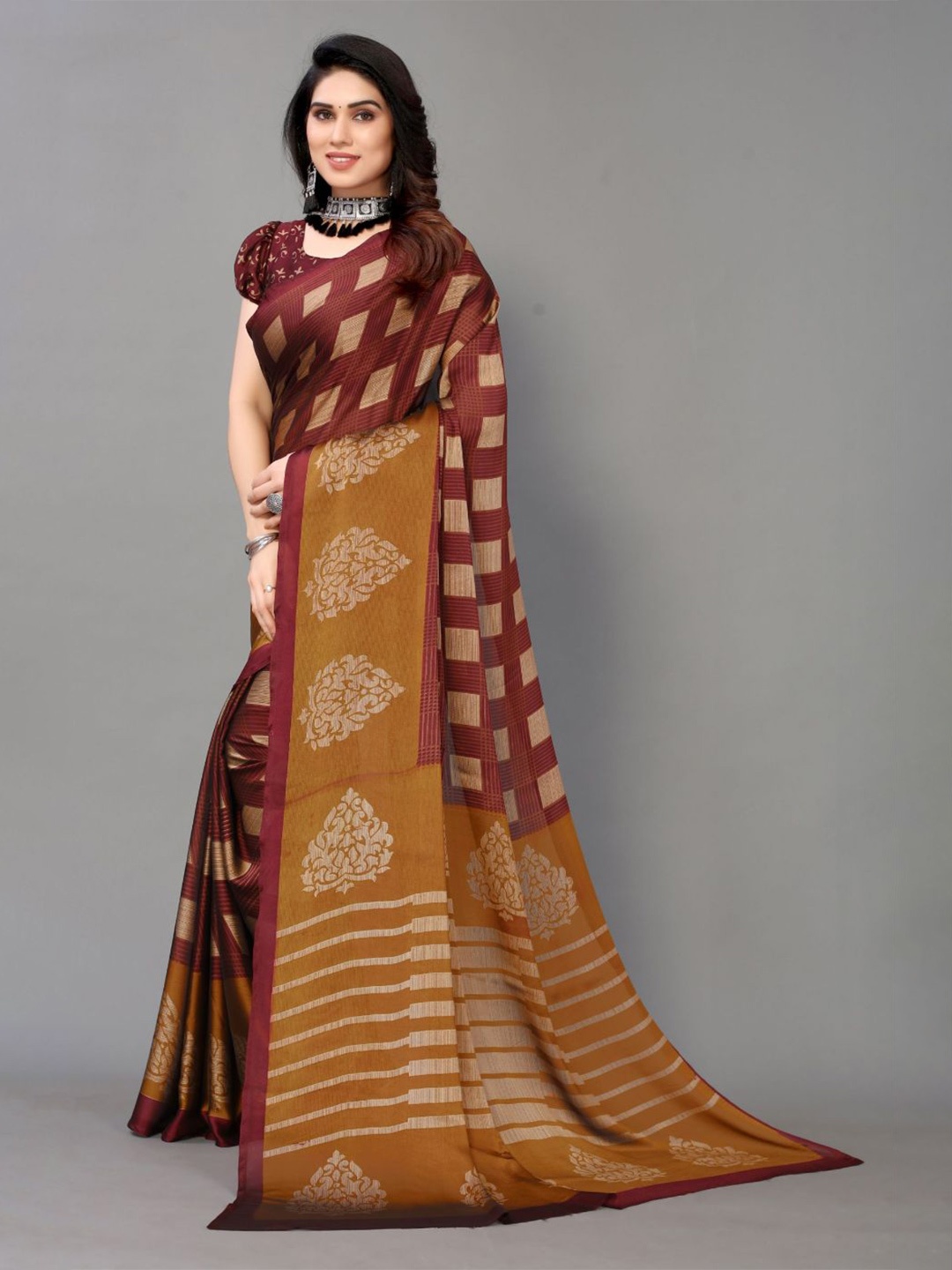 

FABMORA Geometric Printed Poly Chiffon Saree, Mustard