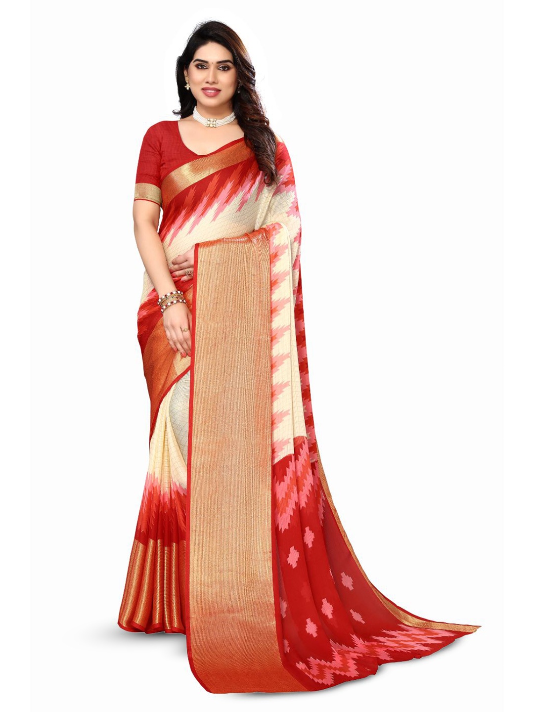 

FABMORA Checked Zari Pure Chiffon Saree, Red